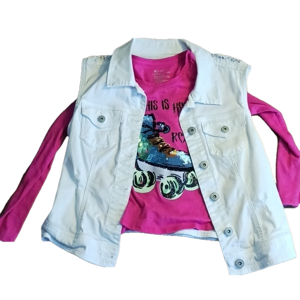 7/8 Girls Top with white Mudd jean vest box 25